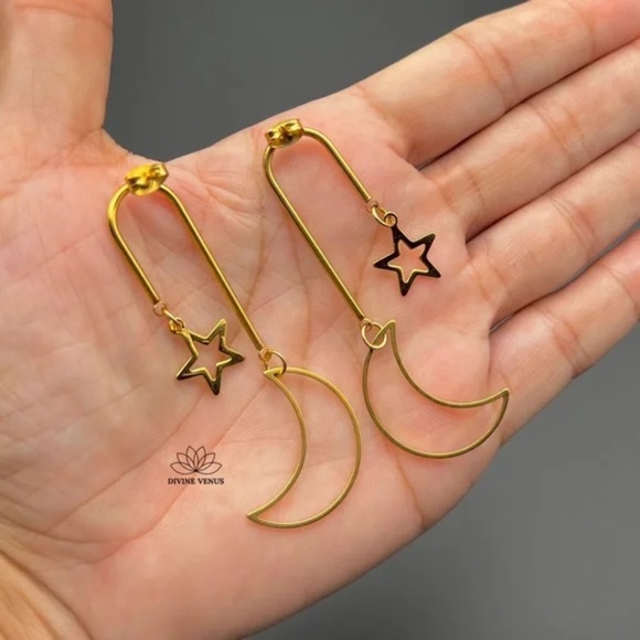 Moon & Star Dangle Stud Earrings | Gold Plated Stainless Steel | Handmade - Picture 5 of 5